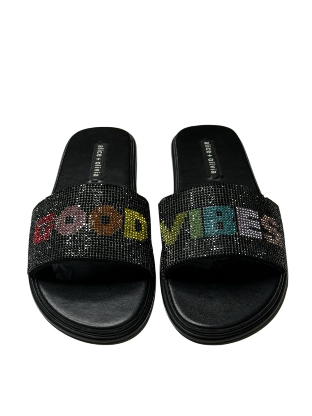 HTF: Alice + Olivia 𖦹 Tatum Good Vibes Slide Crystal Sandals 𖦹 Black 𖦹 7.5M 𖦹 - Picture 8 of 16